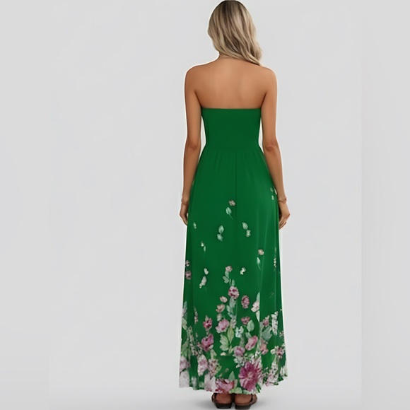 Floral Print Strapless Shirred A-Line Dress Green - Picture 4 of 8